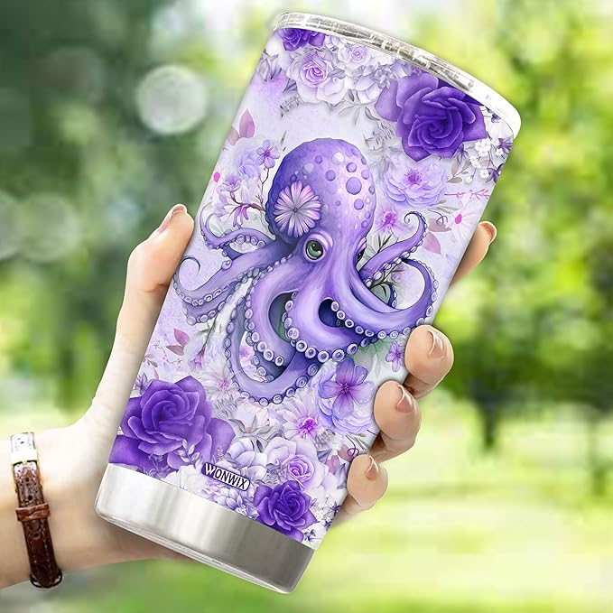 Personalized Octopus Tumbler Customized Name Water Bottle Mugs Gift For Women Fan Custom Purple Octopuses Birthday Christmas Valentine Day Insulated Stainless Steel Coffee Cup with Lid - Bloomnest