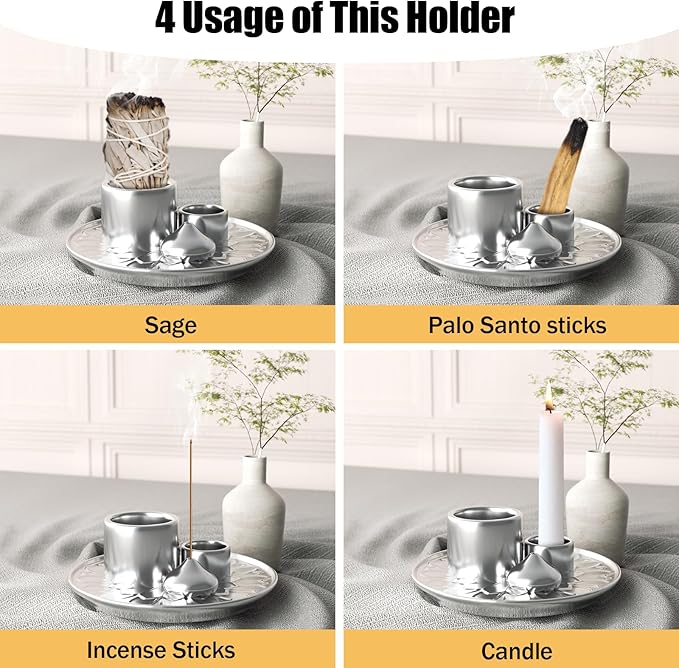Palo Santo Holder - 4 in 1 Incense & Candle Holder - Ceramic Incense Holder Ash Catcher Tray for Meditation Room - Easy to Clean (Silver)