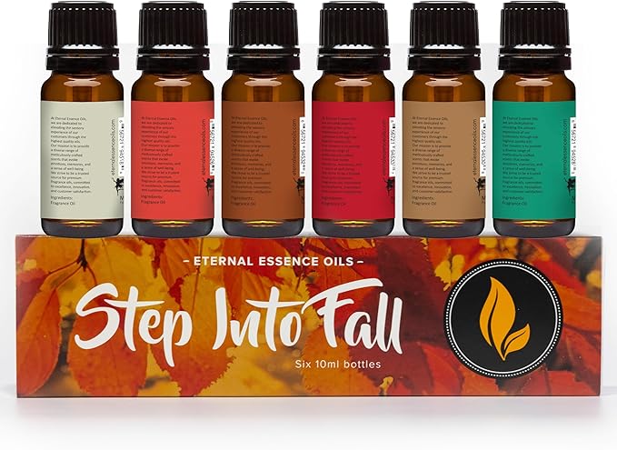 Eternal Essence Oils Step Into Fall Set of 6 Premium Fragrance Oils - Almond Coconut Milk, Fire Amber, Sexy Cinnamon Clove, Reindeer Retreat, Tabacco Vanilla, and Warmths of The Holidays - 10ML - Bloomnest