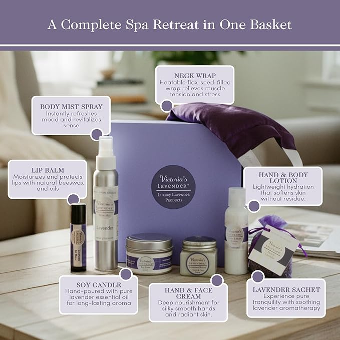 Victoria's Lavender Luxury Spa Gift Sets for Women - Neck Wrap, Body Mist, Body Lotion, Lip Balm, Soy Candle, Lavender Face Cream & Sachet, Made in USA Self Care Kit, Best Spa Kit for Women Gift Set