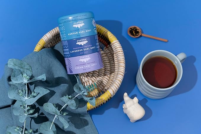 JusTea EARL GREY TEA TRIO | Stacking Tins Variety Pack with Hand Carved Tea Spoon | Loose Leaf Tea | High Caffeine | Fair Trade | Non-GMO - Bloomnest