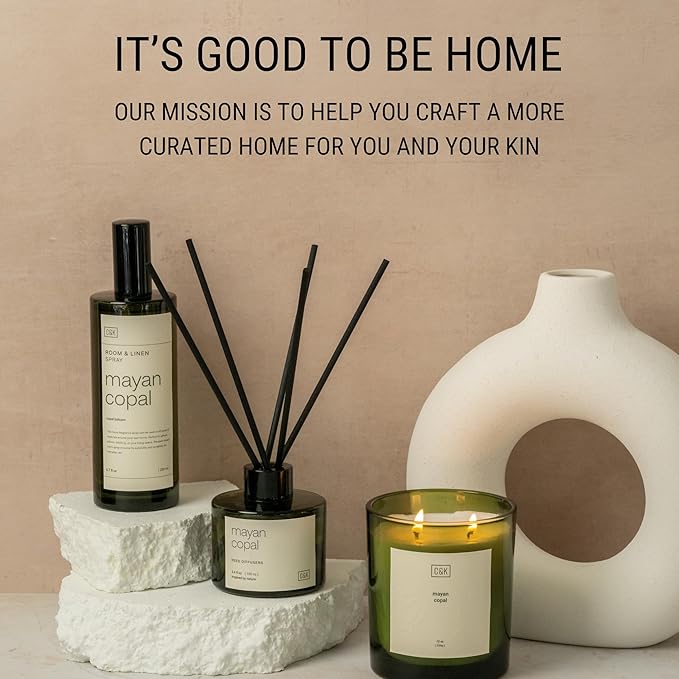 Craft & Kin Santal Woods Christmas Reed Diffuser | All Natural Essential Oil & Rattan Scent Sticks | Holiday Reed Diffusers for Home, Bathroom | Long Lasting Home Fragrance in Green Glass, 3.4oz CraftKin