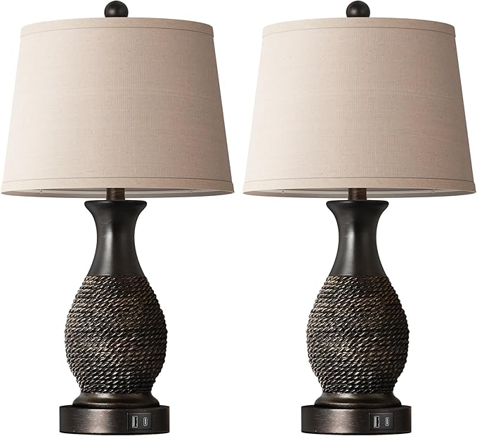 PARTPHONER Table Lamps Set of 2, Bedside Touch Lamp with USB C+A Charging Ports, Side Table Lamp with Linen Fabric Shade (LED Bulbs Included), Black with Gold Accents - Bloomnest