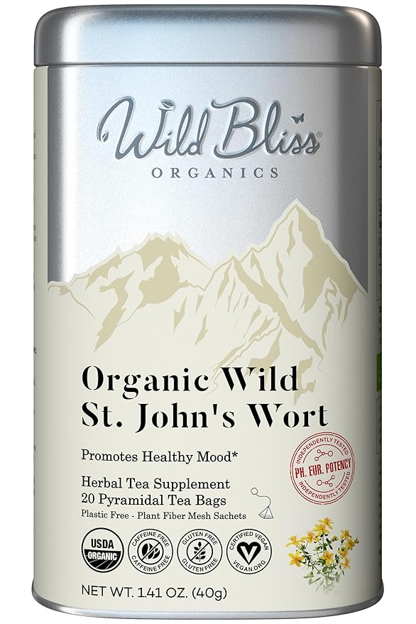 Wild Bliss Organic St Johns Wort Herbal Tea - Caffeine Free Mood Balance Support Tea - Pharmacopoeia Potency - 20 Plant Based Tea Bags - Bloomnest