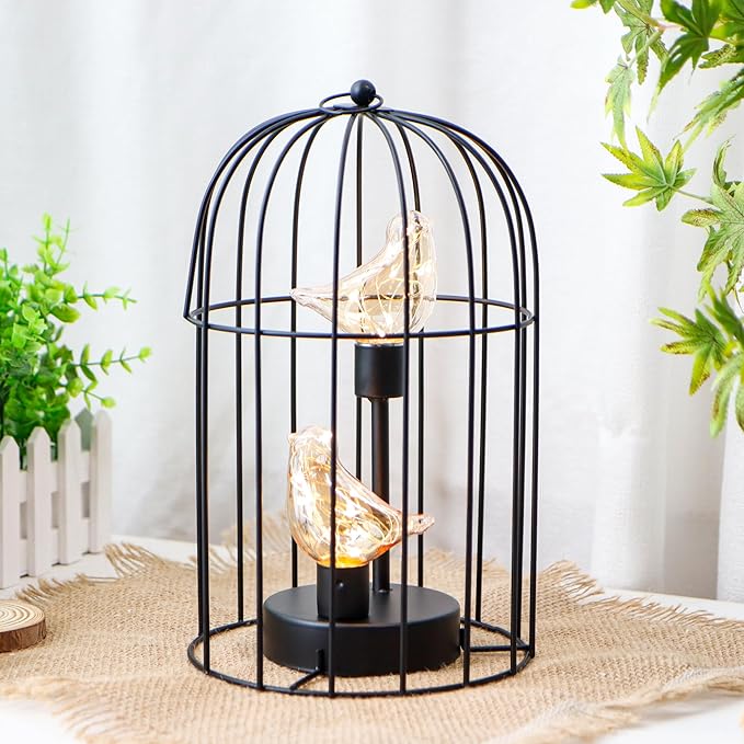 JHY DESIGN Birdcage Decorative Lamp Battery Operated 12" H Cordless Table Lamp with Warm White Fairy Lights Bird Bulb for Indoor Bedroom Living Room Home Wedding Xmas(Black) - Bloomnest