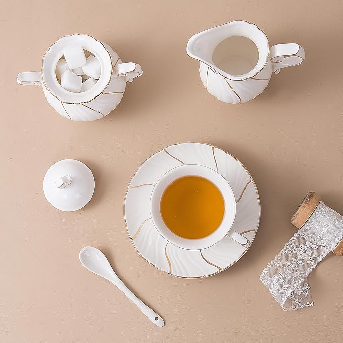 Tea Set 21-Piece Porcelain tea cups and saucers set of 6 with Sugar and Creamer Set & Teapot,teapot set for Adults, Women Tea Party,White - Bloomnest