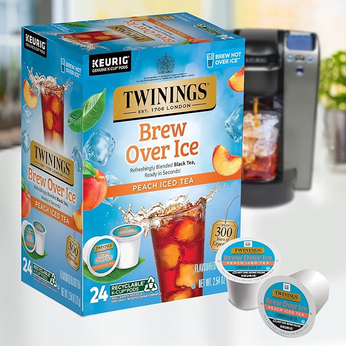 Twinings Brew Over Ice Unsweetened Peach Black Iced Tea K-Cup Pods for Keurig, 24 Count (Pack of 1), Caffeinated - Bloomnest