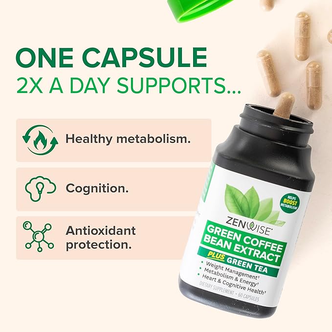 Zenwise Health EGCG Green Tea Extract Capsules with Coffee Bean Extract - 50% EGCG + 98% Polyphenols Supplement - Green Tea Pills for Skin and Heart Support + Brain Health and Memory Boost - 60 Count - Bloomnest