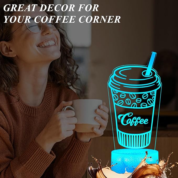 Coffee Gift, Coffee Cup Decor, 3D Illusion Night Light Lamp, 16 Colors Changing, Remote Control, Dimmable, Cafe Shop Room Decoration - Bloomnest