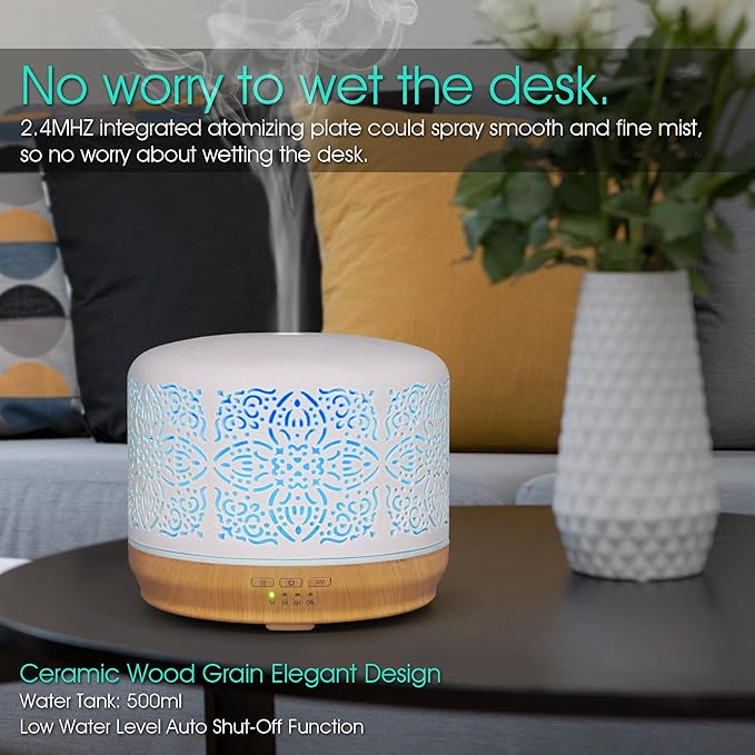 Earnest Living Essential Oil Diffuser White Ceramic Diffuser 500 ml Timers Night Lights and Auto Off Function Home Office Humidifier Aromatherapy Diffusers for Essential Oils - Bloomnest