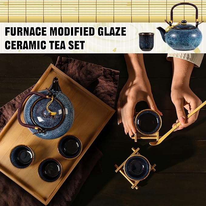 Layhit Japanese Asian Tea Set for Adults with 1 Teapot 6 Cups 1 Tray Traditional Portable Japanese Kiln Altered Glaze Porcelain Tea Set for Women Mother's Day Gifts(Blue) - Bloomnest