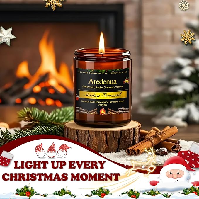 Christmas Candles - Firewood Scented Candles | Christmas Scented Candles - 7 oz Soy Candle with Warm Wood Smoke Aroma, Winter Scented Ideal for Cozy Cabin, Holiday Gift for Men & Women - Bloomnest