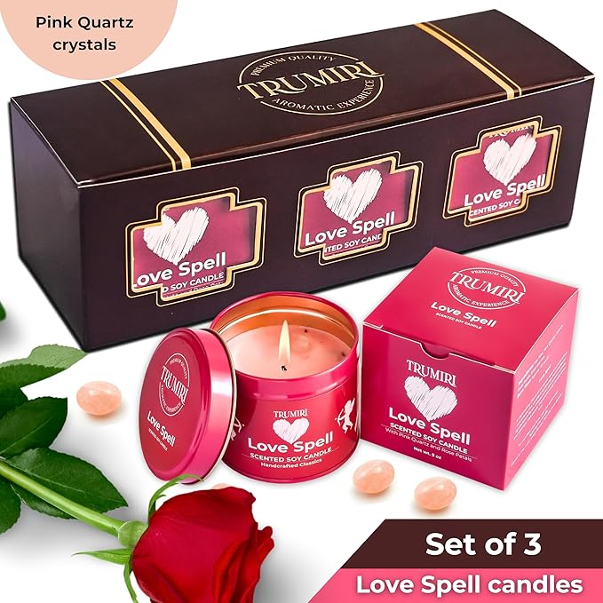 Love Spell - Scented Candles for Women & Men with Rose Petals and Crystals - Pack of 3 x 5oz Soy Clean Organic Non Toxic - Velas Aromáticas - Aromatherapy Spa Valentines Gift Candel TRUMIRI