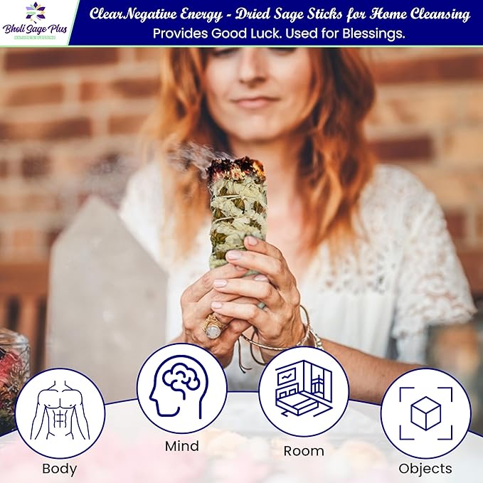Sage Smudge Kit for Cleansing Negative Energy and Cleansing Home Sinuata, Dragon Blood, Cinnamon and Triple Flower Dried - 4'' Long Pack of 4 White California Sage Sticks - Bloomnest