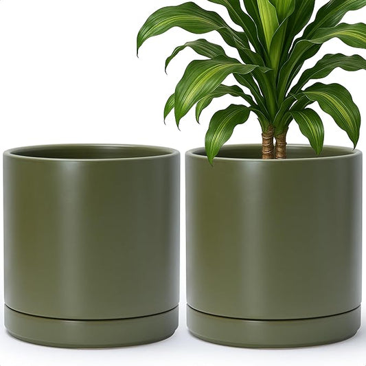 D'vine Dev Set of 2 Plants Pots, 10 Inch Ceramic Planter Pot for Plants with Drainage Hole and Saucer, Olive, 94-V-E-J - Bloomnest