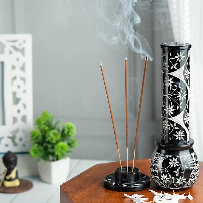 Crocon Black Marble Soapstone Incense Stick Burner Round Shape Flower & Leaf with Handi Design Tower Burner Candle Stick Holder Decorative Home & Kitchen 2.7x2.7x10 Inch