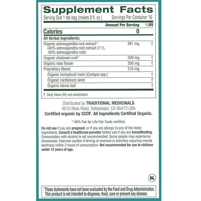 Traditional Medicinals Organic, Stress Ease Calm with Adaptogens, Ashwagandha & Honeybush - Promotes Relaxation - Kosher, Non-GMO, Caffeine-Free, Compostable - 16 Tea Bags - Bloomnest