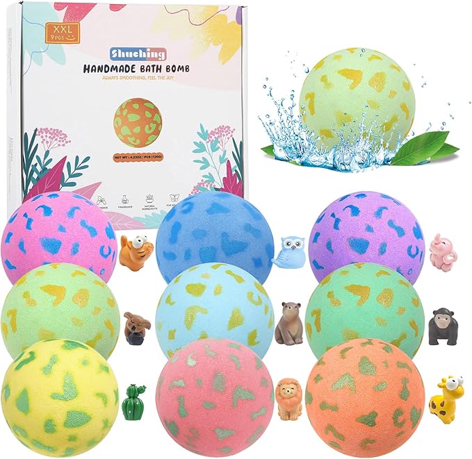 SHUCHING 9 PCS XXL Natural Colorful Bath Bombs with Surprise Inside for Kids, Bubble Bath Fizzy Balls Gift for Boys Girls Birthday Christmas - Bloomnest