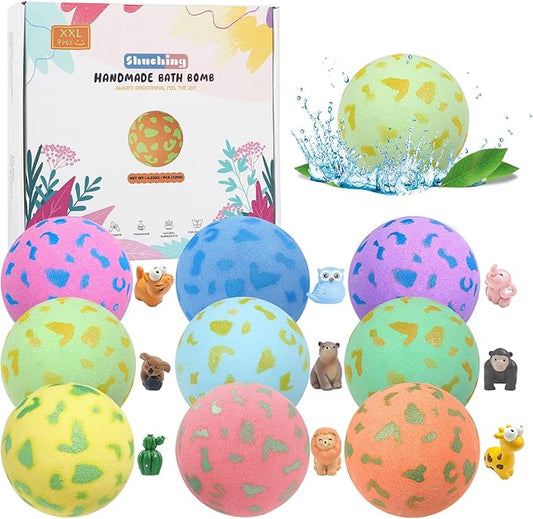SHUCHING 9 PCS XXL Natural Colorful Bath Bombs with Surprise Inside for Kids, Bubble Bath Fizzy Balls Gift for Boys Girls Birthday Christmas - Bloomnest
