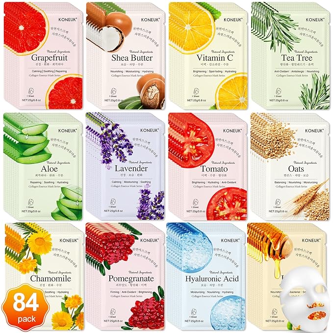 84 Pack Collagen Face Masks Skincare for Women, Hydrating and Moisturizing Sheet Face Masks for Women Skin Care, Face Mask Gifts Set for Spa Party, Bulk Facial Masks Suitable for All Skin Types - Bloomnest