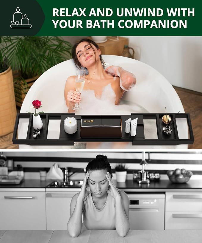 ROYAL CRAFT WOOD Premium Foldable Bathtub Tray - Wood Bath Tray for Tub, Bamboo Shelf, Expandable Bath Table Trays, Bathtub & Bathroom Accessories for New Home & Mothers Day & Birthday Gifts for Mom - Bloomnest