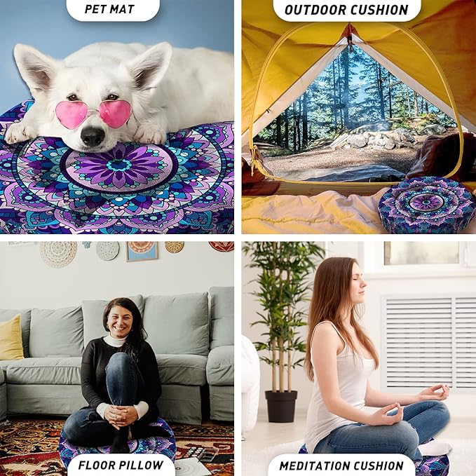 Mandala Meditation Cushion, Boho Meditation Mat, Meditation Pillows for Sitting on Floor, Cushions for Sitting in Home and Outdoor, Round Floor Pillows Cushion Seating for Yoga 22'' X 22'' - Bloomnest