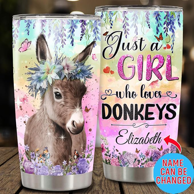 WAZONE Personalized Tumbler Just A Girl Who Loves Donkeys Flower Cute Farm Insulated Stainless Steel Cup Custom Name 20oz 30oz Animal Themed Gifts Birthday Christmas For Girls Donkey Lovers - Bloomnest