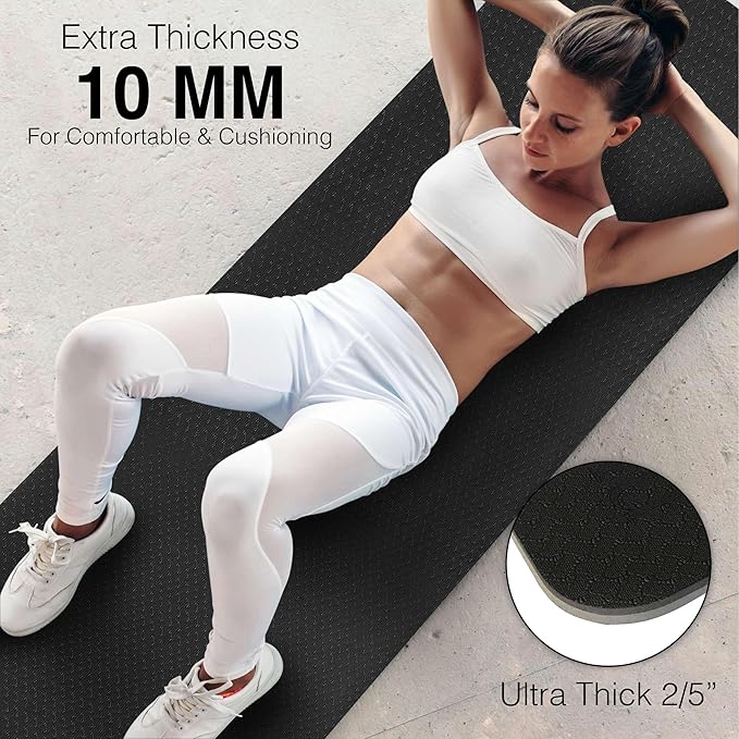 Extra Thick Exercise Yoga Mat with Strap - 2/5 Inch (10MM), Non-Slip Workout Mat for Yoga, Pilates, and Floor Exercises - Bloomnest