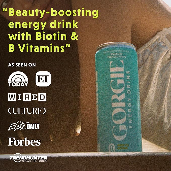 GORGIE Tropical Variety, Sugar-Free Natural Energy Drink Sparkling, Healthy Energy Drinks - Green Tea, Biotin, B Vitamins -150mg Caffeine, Vegan, & Low Calorie (Pack of 12) - Bloomnest