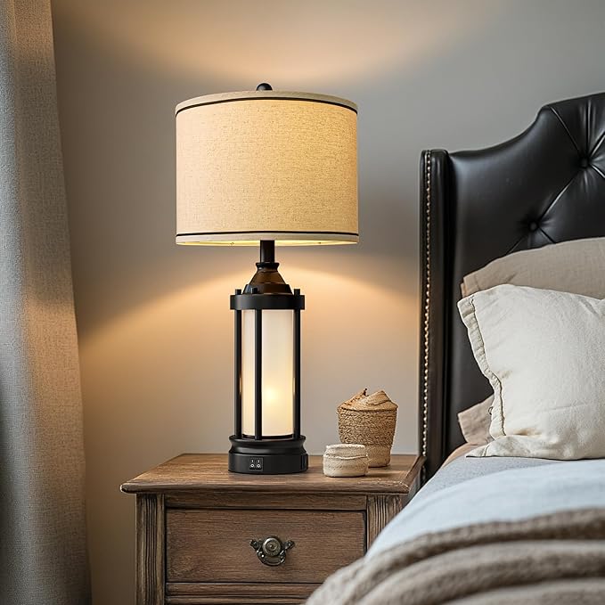 25'' Table Lamps for Bedroom Living Room Lamps Set of 2 Farmhouse Nightstand Bedside Lamps with USB Ports, Built-In Frosted Glass Night Light Industrial Metal Night Stand Lamp, Bulbs Included, Black - Bloomnest
