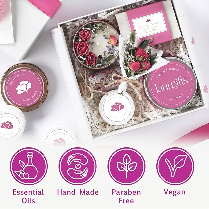 Valentine’s Day Spa Gift Set for Women – Romantic Rose & Jasmine Self Care Gift Box with Candle, Soap & Bath Treats – Pink Valentine Gift for Her, Wife, Girlfriend or Mom - Bloomnest