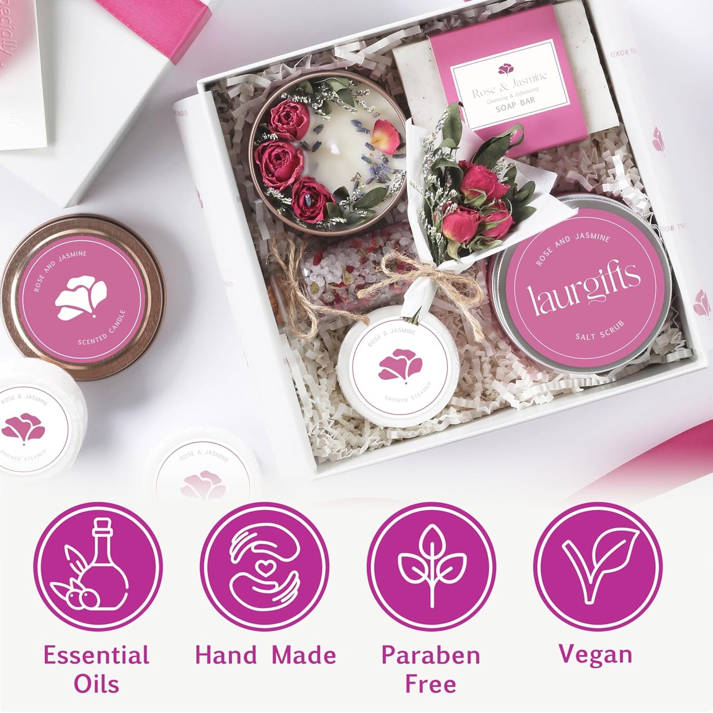 Spa Gift Set for Women – Small Self Care Gift Box with Relaxing Rose & Jasmine Scent – Bath Gift for Birthday, Christmas & Thank You – Elegant Spa Gift for Mom, Wife, Sister or Friend