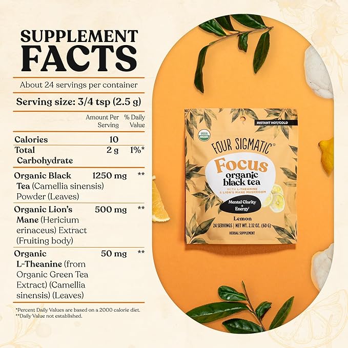 Four Sigmatic Think Organic Black Tea | Instant Lemon Tea w/Lion's Mane & L-Theanine for Mental Clarity & Focus | Organic Herbal Teas w/Adaptogens | Vegan, Gluten-Free | Lemon, 24 Servings - Bloomnest