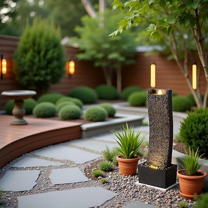 38.2in. Indoor/Outdoor Water Fountain with LED Lights – Vintage Rock Design and Relaxing Waterfall Feature for Home, Garden, or Office (Curved Slate Stone)