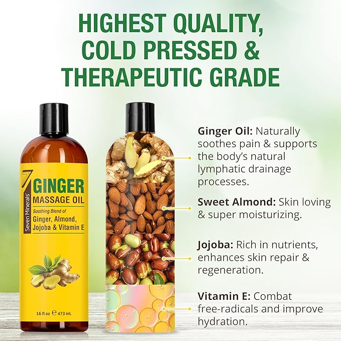 Seven Minerals Ginger Massage Oil for Lymphatic Drainage Massage Therapy - Big 16 oz - Warming and Ultra Relaxing - Therapeutic Grade Essential Oils Soothes Tired Muscles & Relaxes Mind and Body