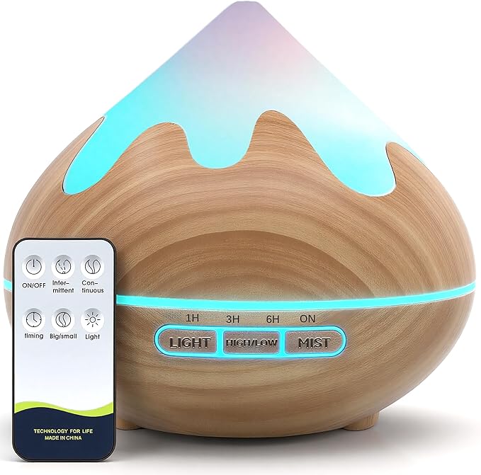 500ML Essential Oil Diffuser, Aromatherapy Diffuser with Remote Control, Multifunctional Air Diffusers for Home Office Room, Fragrance Aroma Diffuser with 7 Color LED & 2 Mist Mode, Brown - Bloomnest