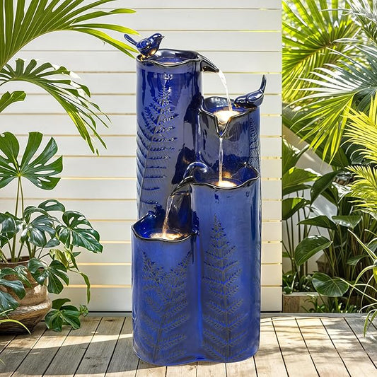 32" H Ceramic Outdoor Water Fountain with LED Lights, 4-Tier Vase Outdoor Fountain, Cobalt Blue Glaze, Embossed Fern Pattern, Cascading Waterfall for Tranquil Garden, Patio, or Porch - Bloomnest