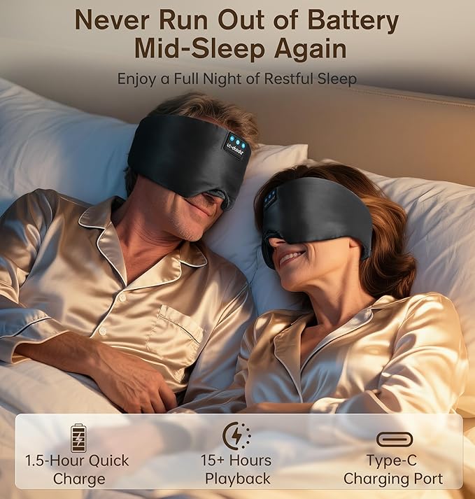 LC-dolida Luxurious Silk Soft Sleep Mask, Sleep Headphones with Bluetooth 5.4 for Side Sleeper, Total Blackout Eye Sleeping Mask for Women and Men, Ideal Gift for Restful Sleep, Travel(Black) - Bloomnest