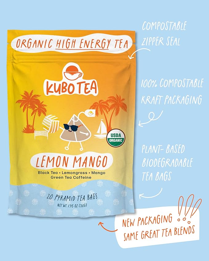 Kubo Tea Lemon Mango Black Tea - Organic High Caffeine Energy Blend - 20 Pyramid Tea Bags (155mg Caffeine each) - Healthy Sugar Free Coffee Substitute for Hot and Iced Drinks - Biodegradable Packaging - Bloomnest