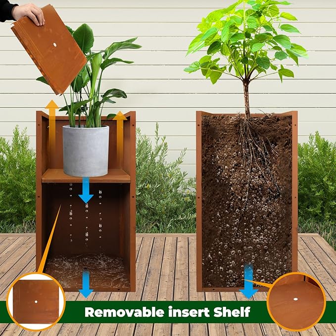 Corten Steel Metallic Heavy Planter for Outdoor Plants 14"x14"x30" Metal Planter Spliced Flower Pot with Partitions for Outside,Indoor,Garden (Corten, 14 * 14 * 30) - Bloomnest