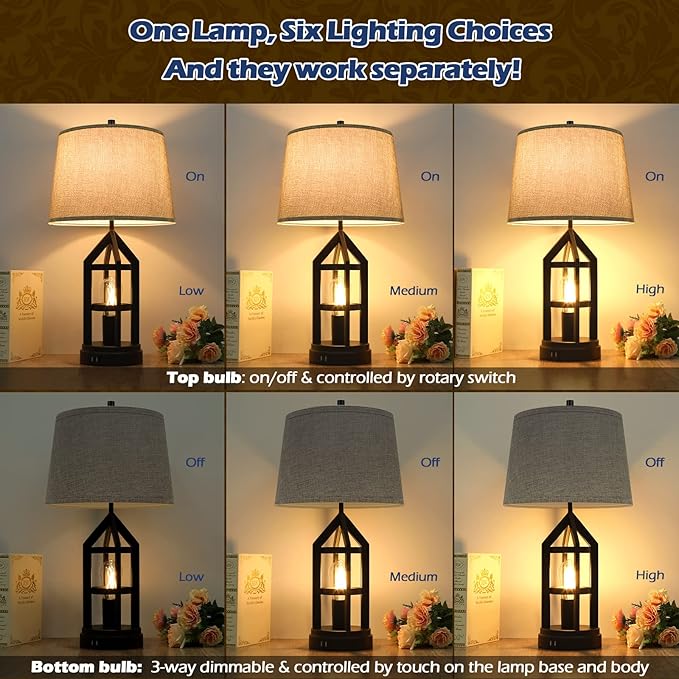 BesLowe 2-Light Farmhouse Rustic Touch Table Lamps Grey, 3-Way Dimmable Bedside Lamps with 2 USB Ports for Bedroom, End Table Lamps for Living Room with Gray Shades, 4 LED Bulbs Included, Set of 2 - Bloomnest