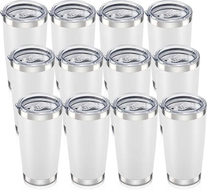 20 oz Tumbler with Lid Stainless Steel Insulated Tumblers Bulk Double Wall Vacuum Cups Powder Coated Travel Mug Keep Drinks Cold and Hot, White, 12 Pack