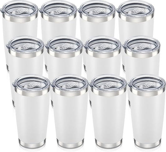 20 oz Tumbler with Lid Stainless Steel Insulated Tumblers Bulk Double Wall Vacuum Cups Powder Coated Travel Mug Keep Drinks Cold and Hot, White, 12 Pack