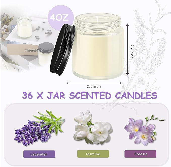 ACITHGL 36 Pcs 4oz Mini Mason Jar Candles Small Scented Candles Bulk Aromatherapy Ideal Souvenir Favors for Wedding Birthday Party (Freesia, Lavender, Jasmine, Black) - Bloomnest