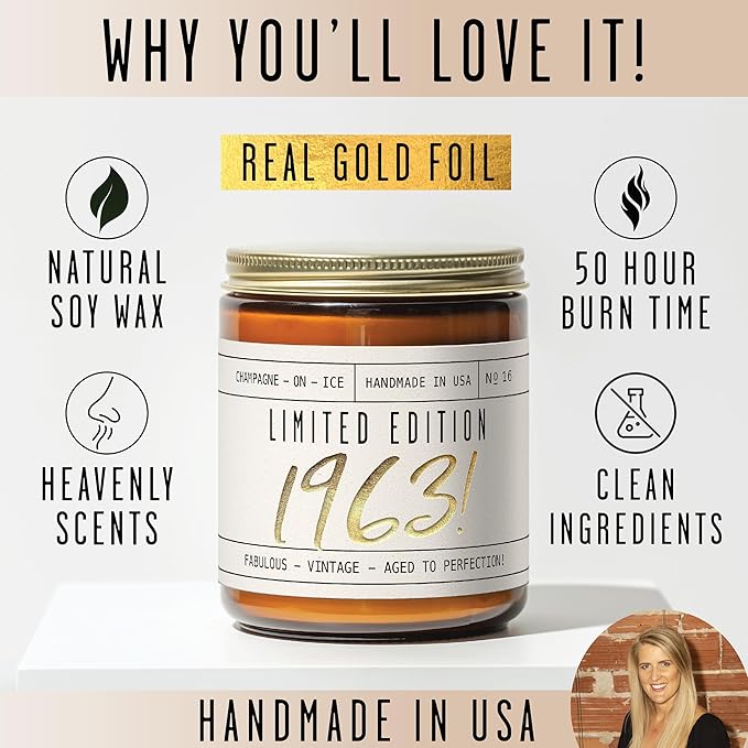 62nd Birthday Gifts for Women - 'Limited Edition 1963' Soy Candle, w/Champagne on Ice I 62 Birthday Gifts for Women I 62nd Gift for Her Ideas I 9oz Reusable Jar, 50Hr Burn, Made in USA - Bloomnest