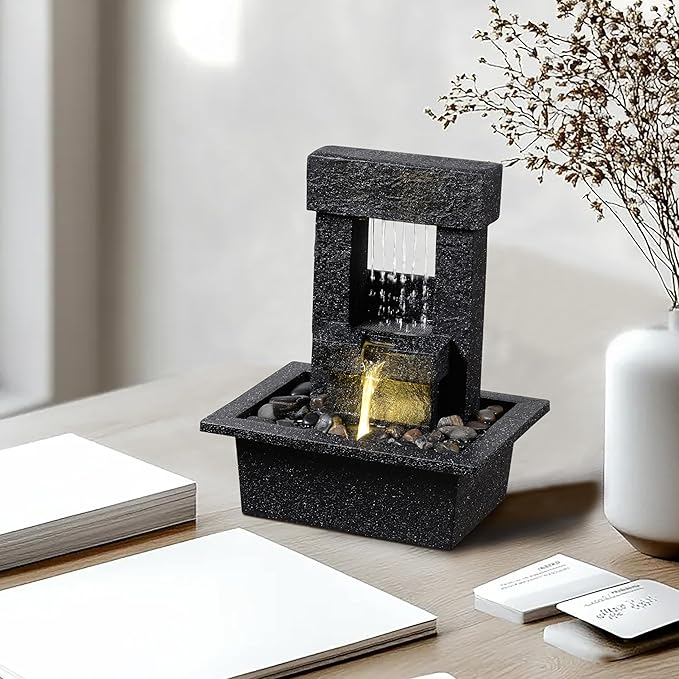 Indoor Tabletop Water Fountain with LED Light – Modern Black Desk Waterfall Feature with Soothing Sounds and River Rocks, Relaxation Zen Decor for Home Office Bedroom - Bloomnest