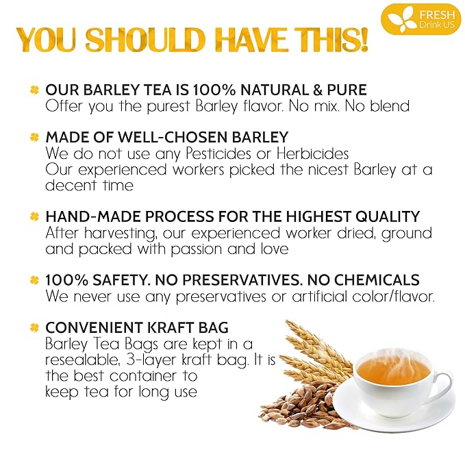 FreshDrinkUS Premium 120 Barley Tea Bags, 100% Natural & Pure. Loose Barley Herbal Tea. Made with Natural Material Tea Bags. No Sugar, No Caffeine, No Gluten, Vegan - Bloomnest