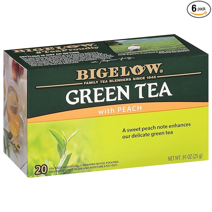 Bigelow Tea Green Tea with Peach, Caffeinated Tea with Green Tea and Peach, 20 Count Box (Pack of 6), 120 Total Tea Bags - Bloomnest