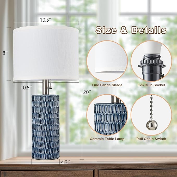 Table Lamps for Living Room Set of 2, Ceramic Table Lamps for Bedroom, 20" Modern Lamps for Night Stands, Dark Blue - Bloomnest
