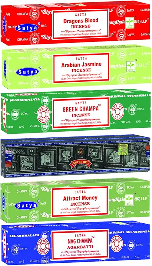 Satya Incense Sticks Gift Set, 7 Scents, Nag Champa, Dragon's Blood, Arabian Jasmine, Super Hit, Green Champa, Goodluck, Attract Money, 15g Each (Relaxation Mix) Satya